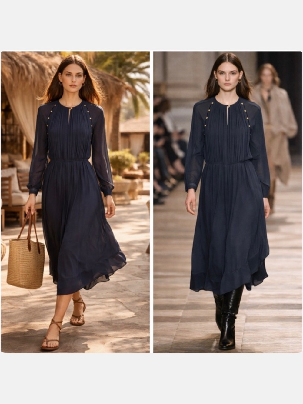 Chloé Navy Blue Midi Dress Silk Pleated Flowy 4 Wedding Guest Boho Cocktail 🟡
